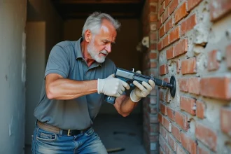 Artisan utilisant un pistolet d'injection pour scellement chimique dans un mur en brique lors de travaux de rénovation