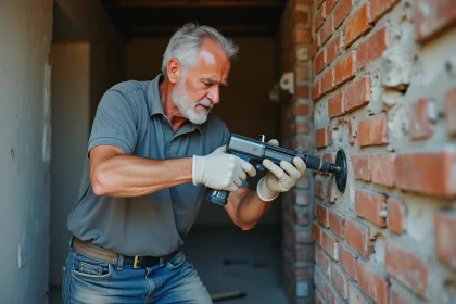 Artisan utilisant un pistolet d'injection pour scellement chimique dans un mur en brique lors de travaux de rénovation