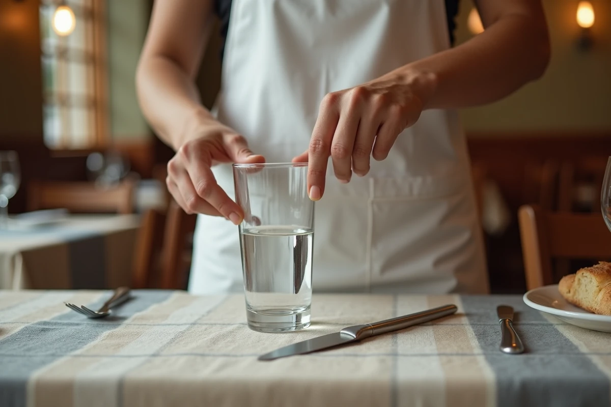 Serveuse plaçant un verre à eau à la bonne position sur une table de restaurant bistro selon les règles de service