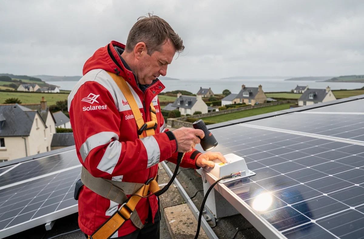 Technicien Solarest inspectant les connexions d'un système de panneaux solaires sur un toit en Finistère