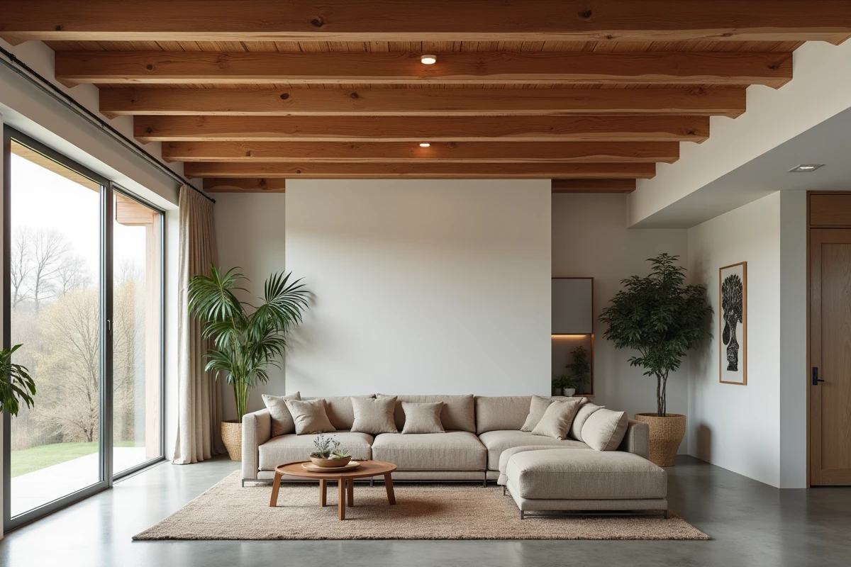 Solives plancher bois apparentes au plafond d'un salon contemporain avec béton ciré et mobilier scandinave
