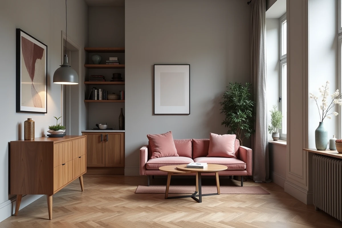 Studio avec buffet scandinave séparant visuellement une salle à manger ronde et un salon canapé velours rose dans un petit espace ouvert