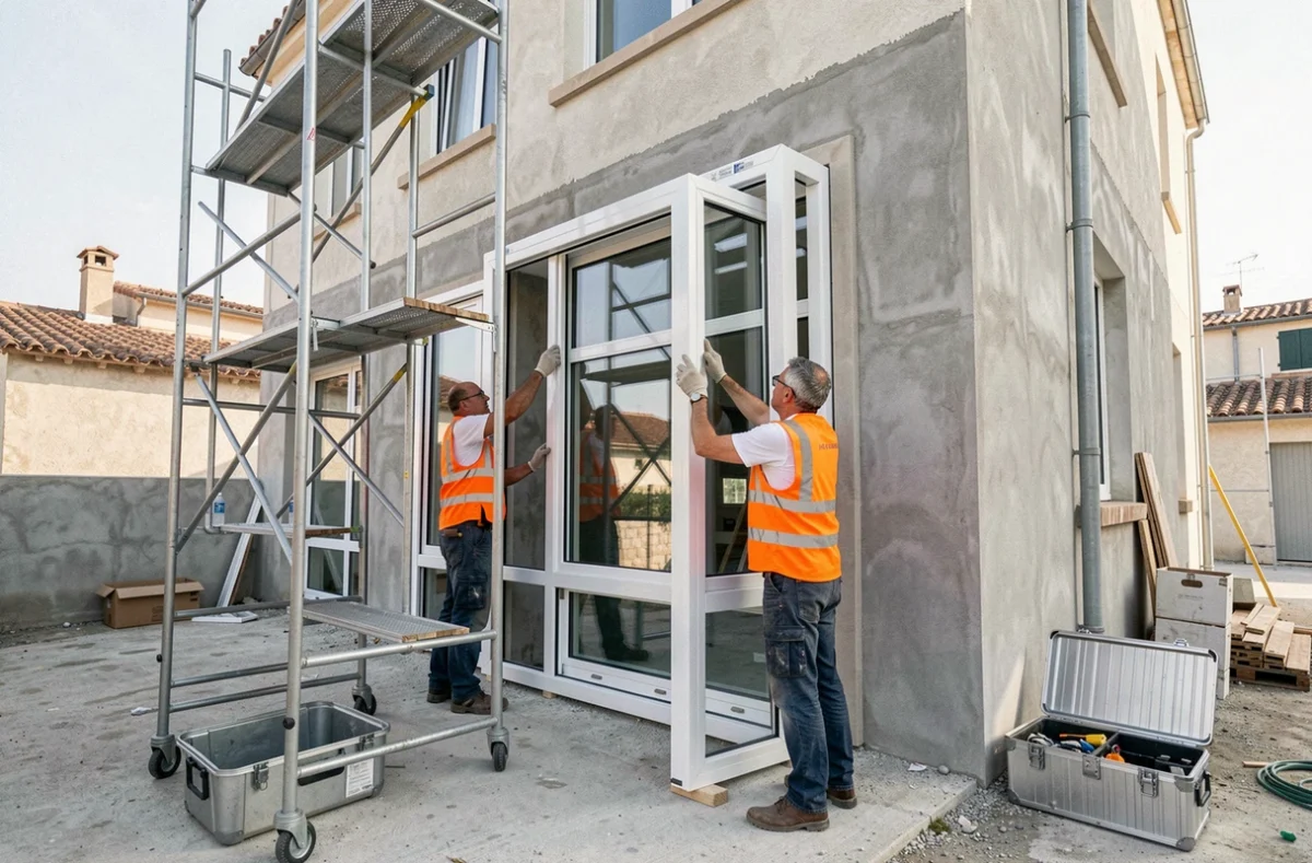 Deux ouvriers de Sud Est Menuiserie installant des menuiseries extérieures sur un bâtiment public en région PACA