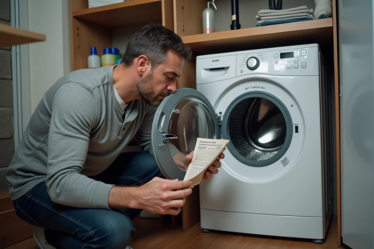Homme consultant le manuel d'instructions pour comprendre les symboles d'essorage d'un lave-linge Valberg