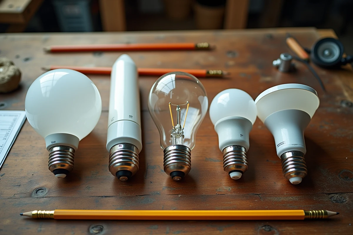 Vue en plongée de cinq ampoules de formats différents disposées sur une table en chêne avec un tableau de lumens imprimé