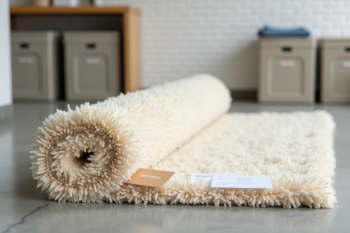 Tapis propre avec étiquette de service et reçu après nettoyage à sec dans un atelier professionnel