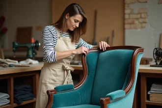 Artisane tapissière retendant du velours sarcelle sur un fauteuil Voltaire en bois de cerisier dans un atelier traditionnel