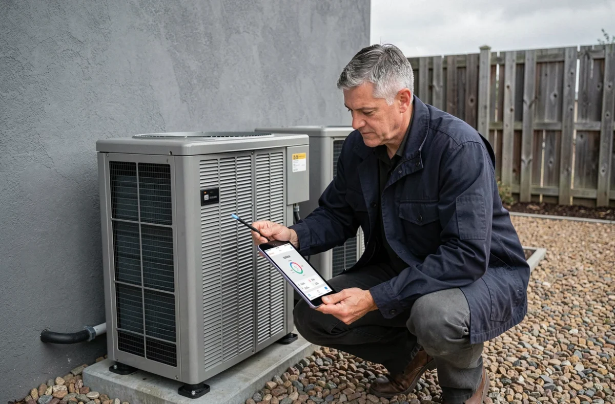 Technicien configurant une pompe à chaleur extérieure à l'aide d'une application de thermostat connecté sur tablette