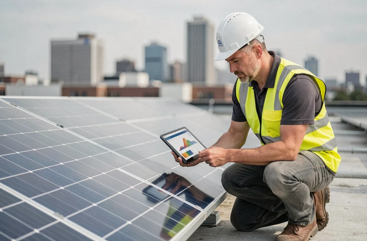Technicien inspectant un panneau solaire bifacial sur toiture commerciale avec tablette de suivi de rendement