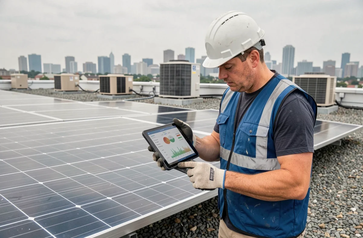 Technicien en énergie solaire inspectant un panneau solaire bi-verre sur un toit commercial avec une tablette de données