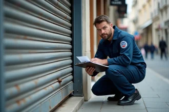 Technicien en dépannage inspectant un rideau métallique de commerce avec un devis sur presse-papiers