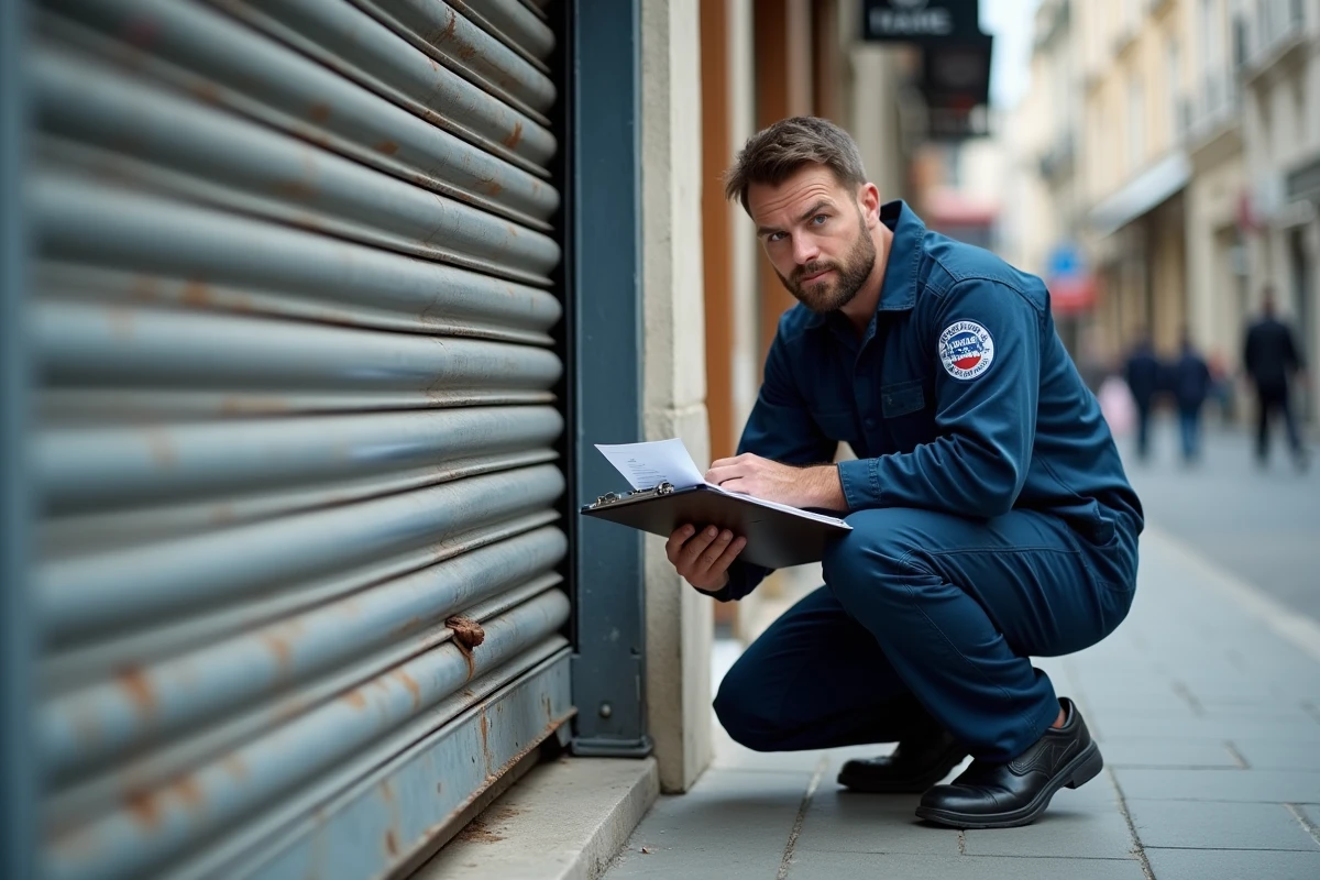 Technicien en dépannage inspectant un rideau métallique de commerce avec un devis sur presse-papiers