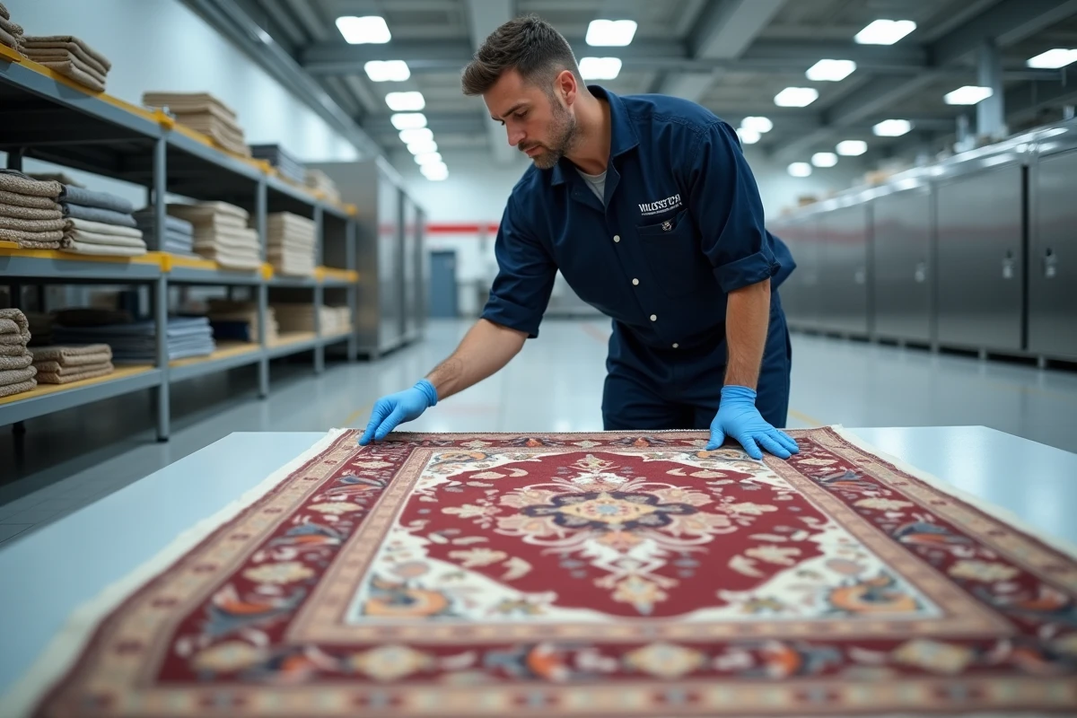 Technicien professionnel inspectant un tapis persan dans un centre de nettoyage à sec 5 à sec