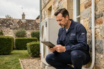 Technicien spécialisé en pompe à chaleur inspectant une unité extérieure installée sur une maison en pierre au Mans