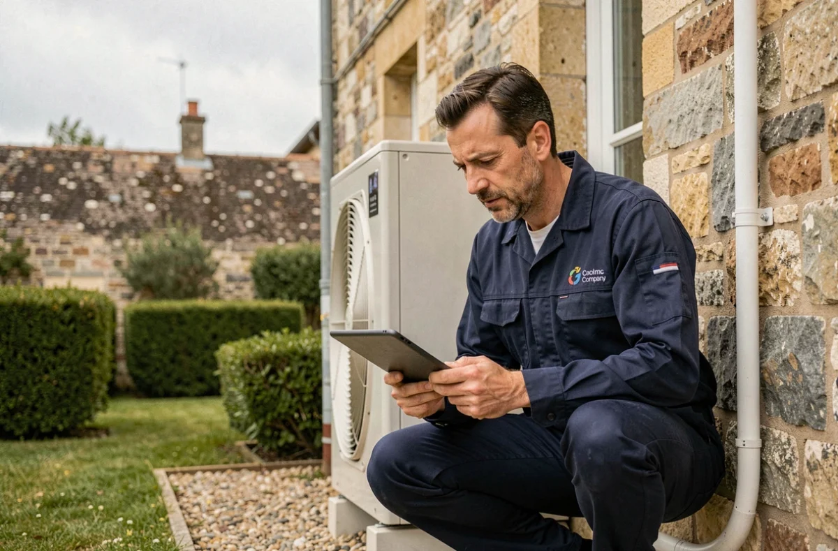 Technicien spécialisé en pompe à chaleur inspectant une unité extérieure installée sur une maison en pierre au Mans