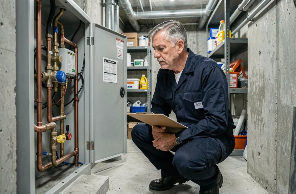 Technicien inspectant un système de traitement d'eau et des canalisations dans une chaufferie résidentielle pour optimiser les économies d'énergie