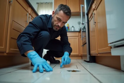 Technicien en traitement des nuisances inspectant des moucherons près d'un évier de cuisine