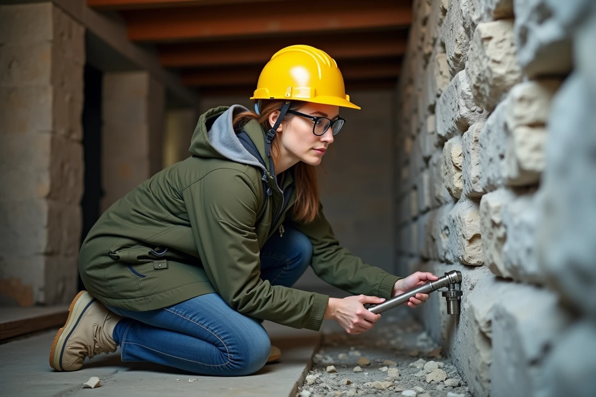 Femme technicienne vérifiant un scellement chimique sur un mur en pierre dans une cave lors d'une rénovation structurelle