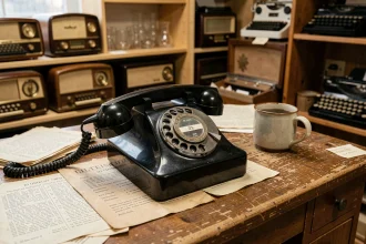 Téléphone à cadran rotatif vintage en bakélite noire posé sur un bureau en bois dans une boutique d'antiquités