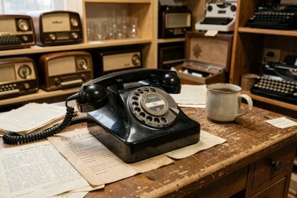 Téléphone à cadran rotatif vintage en bakélite noire posé sur un bureau en bois dans une boutique d'antiquités