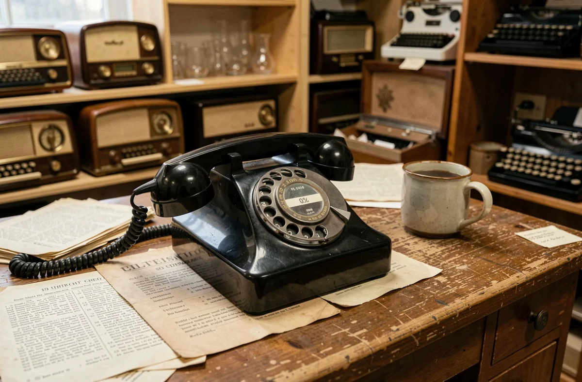 Téléphone à cadran rotatif vintage en bakélite noire posé sur un bureau en bois dans une boutique d'antiquités