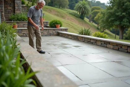 Terrasse en béton finalisée sur jardin en pente avec murets de soutènement en pierre naturelle