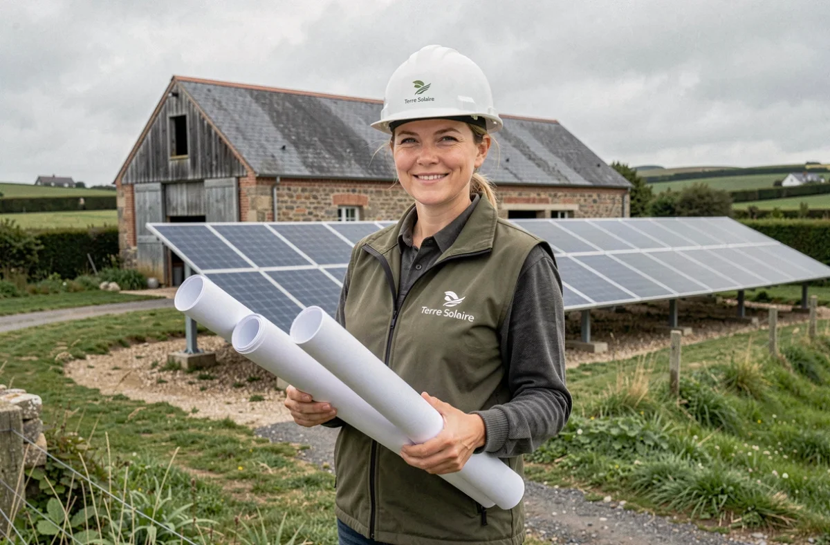 Chargée de projet Terre Solaire devant une installation solaire sur une grange agricole en Bretagne