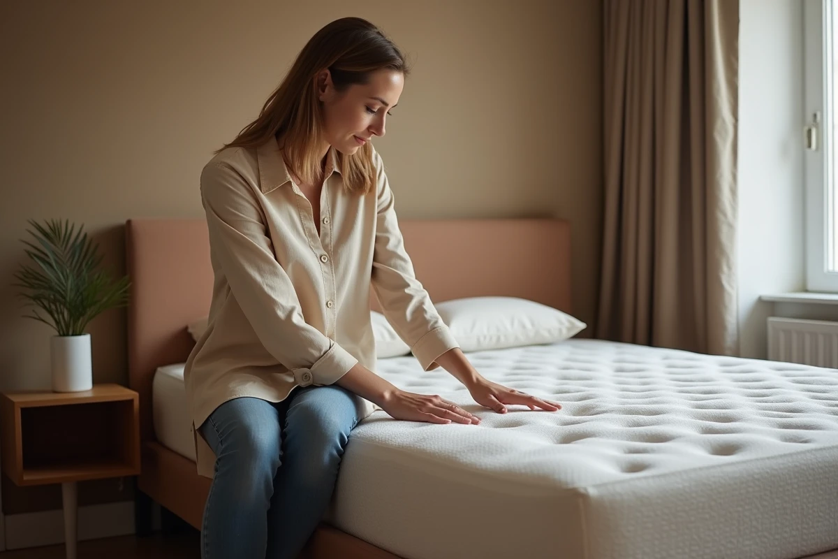 Femme testant la fermeté d'un matelas Duvivier en appuyant sa main sur la surface dans une chambre moderne