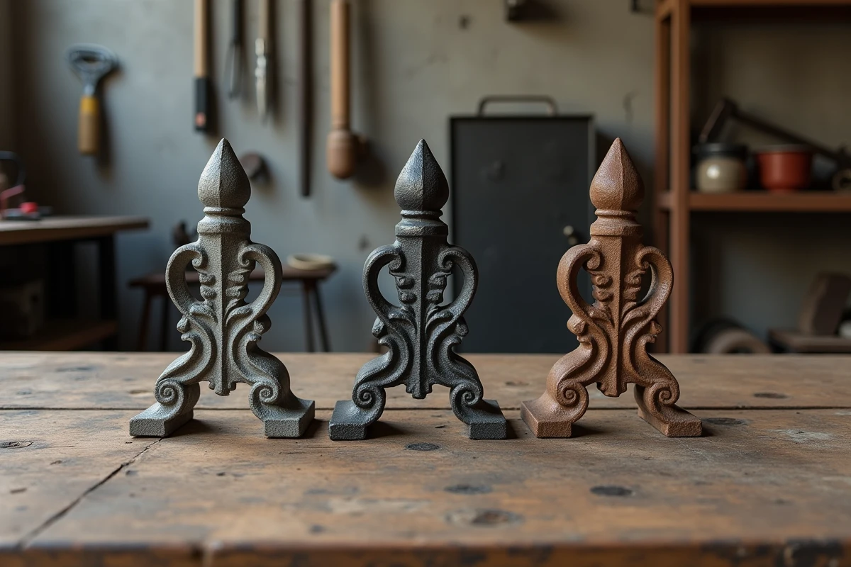 Comparaison de trois pieds de radiateur fonte aux designs différents posés sur un établi en bois