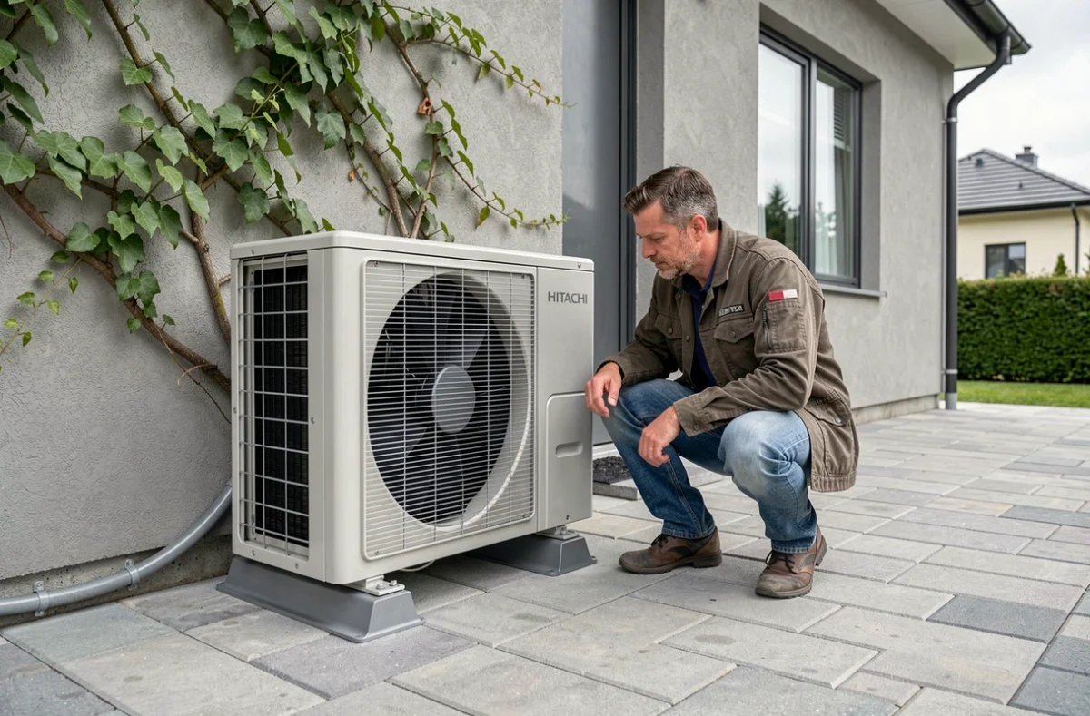 Technicien inspectant l'unité extérieure d'une pompe à chaleur air-air Hitachi installée sur une terrasse pavillonnaire