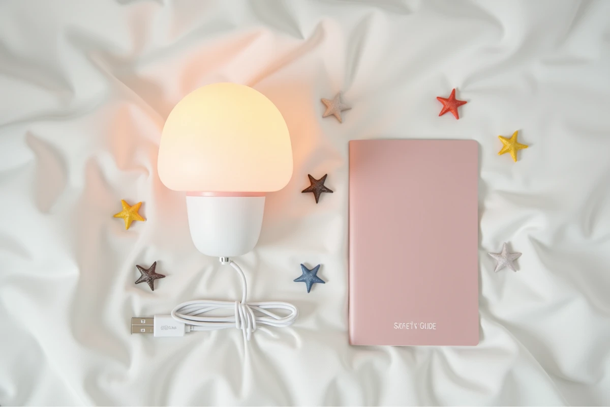 Vue à plat d'une lampe veilleuse champignon pour bébé avec accessoires et guide de sécurité sur fond lin blanc