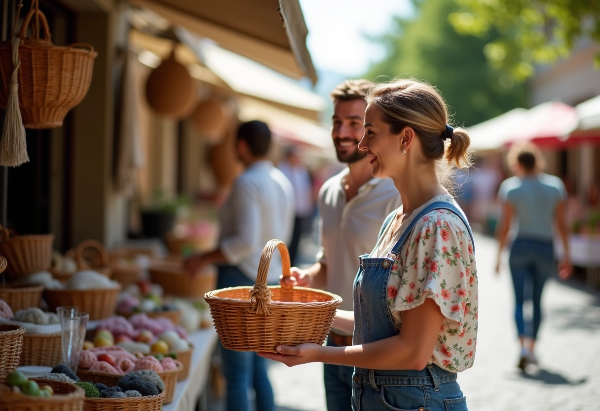 Vendeuse discutant avec un couple dans une brocante village