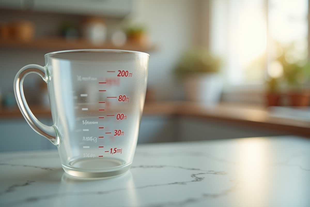 Verre mesure 800ml avec marquages précis en cuisine lumineuse