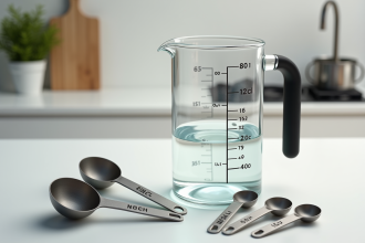 Verre mesure 80cl avec cuillères de cuisine sur plan de travail
