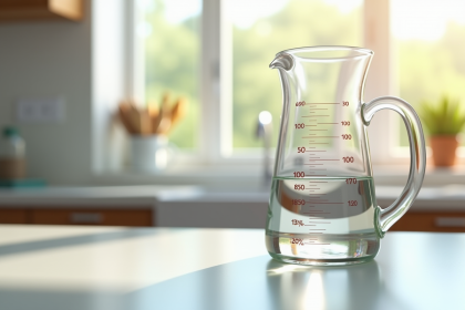 Verre mesureur rempli jusqu'à 100 cl dans une cuisine lumineuse