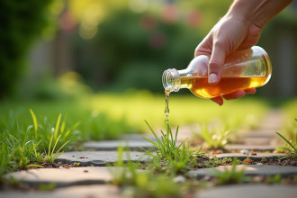 Versement de vinaigre sur des mauvaises herbes entre pavés