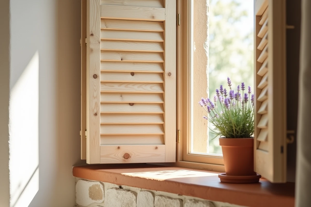 Volets intérieurs en bois de frêne naturel ouverts sur un rebord de fenêtre en pierre dans une maison de campagne française