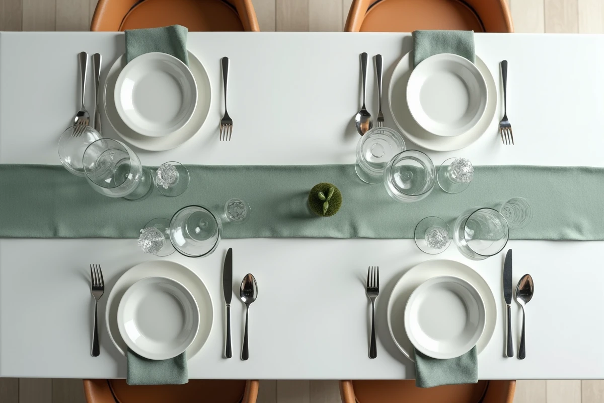 Vue de dessus d'une table dressée pour quatre personnes avec verres correctement positionnés selon les règles de placement à table