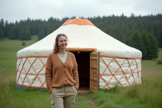 Femme vivant à l'année dans une yourte traditionnelle installée dans une prairie verdoyante en France